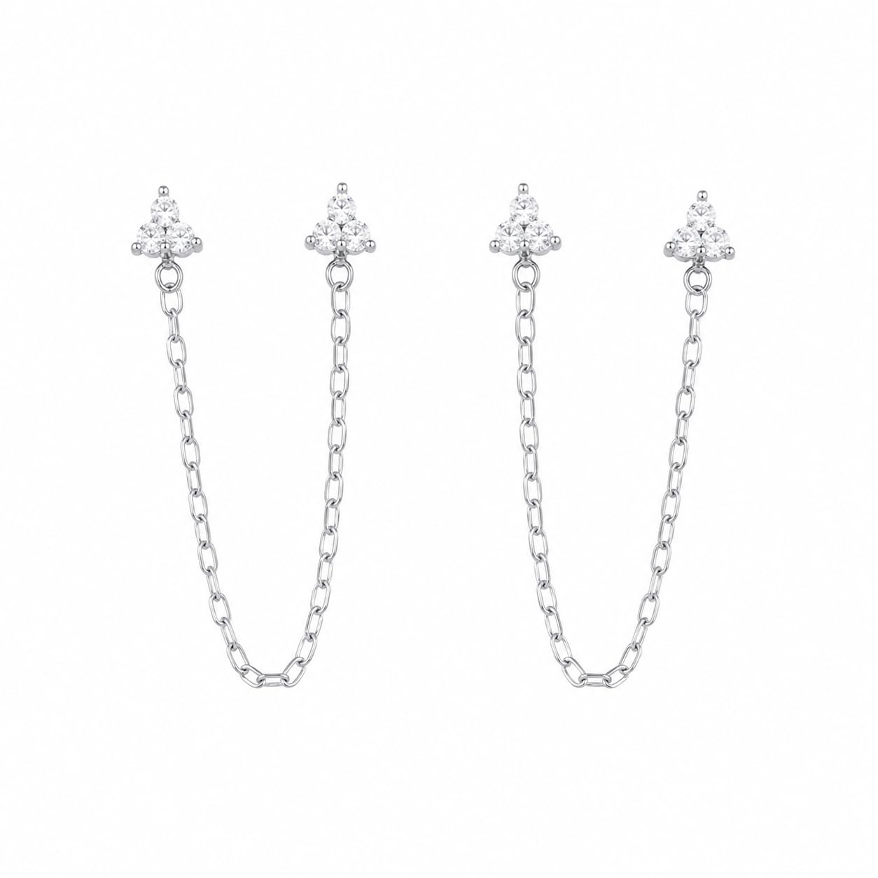 Warm Fortune 18K White Gold Plated CZ Double Piercing Chain Earrings