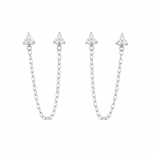 Warm Fortune 18K White Gold Plated CZ Double Piercing Chain Earrings