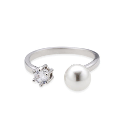 Warm Fortune Pearl & Cubic Zirconia Promise Ring for Her - 18K Gold Plated, Open Design, Elegant Daily & Bridal Jewelry,Adjustable