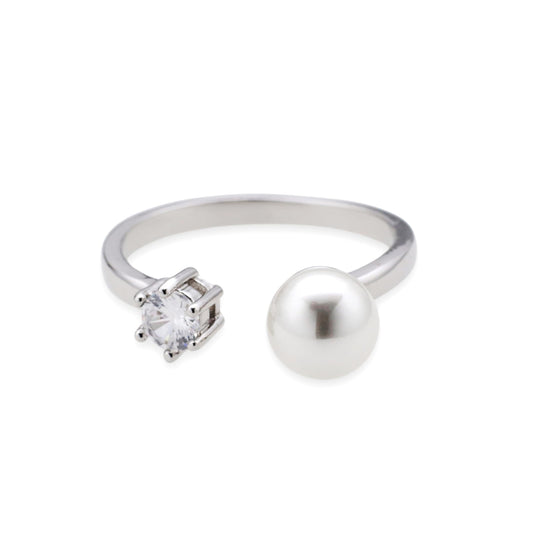 Warm Fortune Pearl & Cubic Zirconia Promise Ring for Her - 18K Gold Plated, Open Design, Elegant Daily & Bridal Jewelry,Adjustable