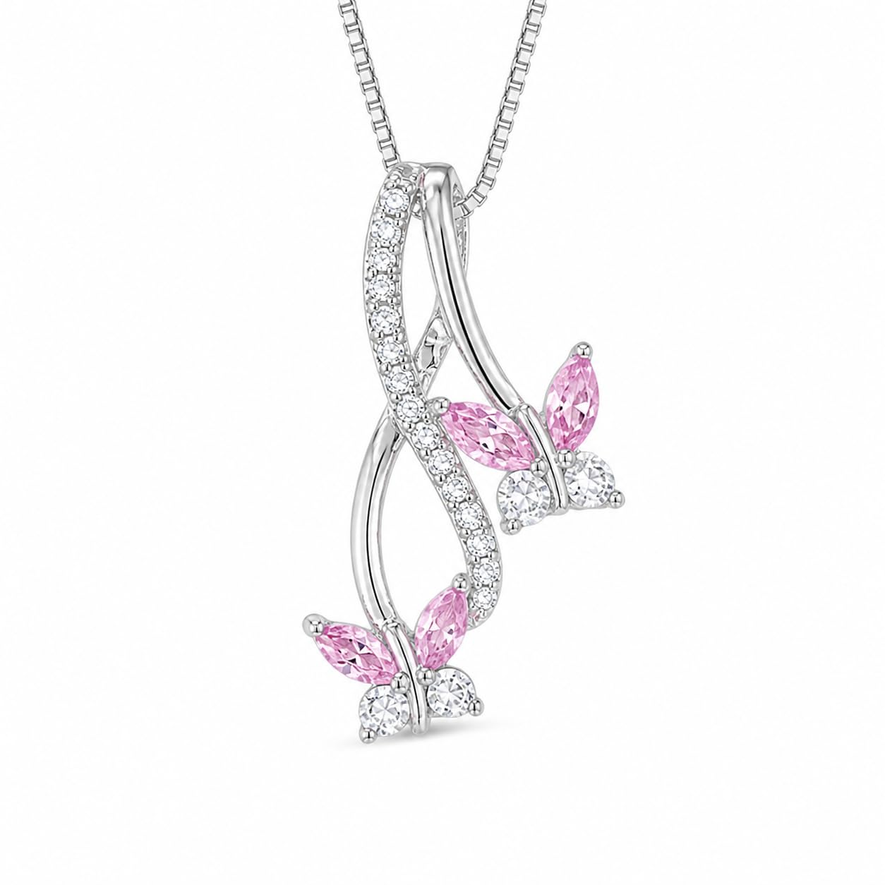 Warm Fortune Double Butterfly Swirl Pendant Necklace for Women, 18K White Gold Plated Brass, Pink or Clear CZ, 18 Inch Chain, CZ Color Options