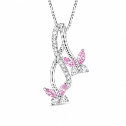 Warm Fortune Double Butterfly Swirl Pendant Necklace for Women, 18K White Gold Plated Brass, Pink or Clear CZ, 18 Inch Chain, CZ Color Options