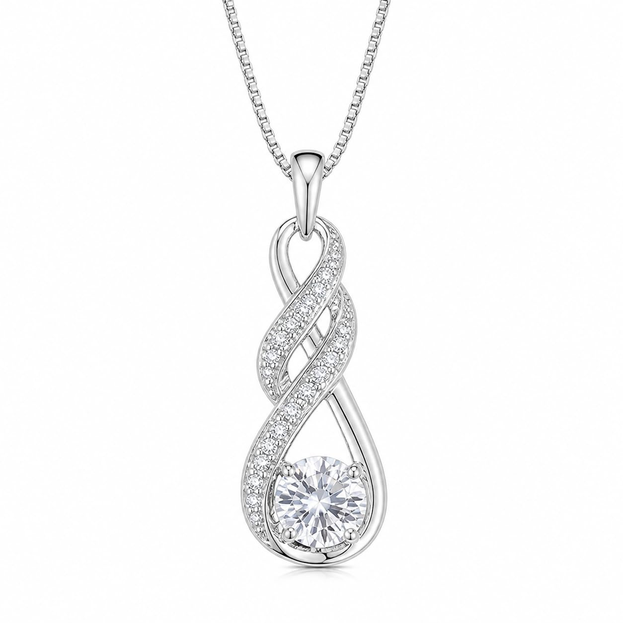 Warm Fortune Infinity Teardrop Pendant Necklace for Women, 18K White Gold Plated Brass, Pink or Clear CZ, 18 Inch Chain, CZ Color Options
