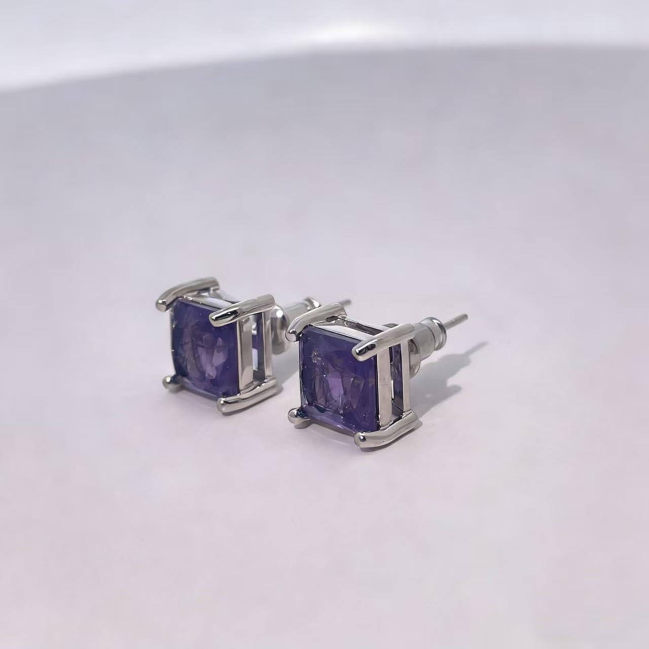 Warm Fortune Square Amethyst Color Gemstone Stud Earrings, Silver Tone Hypoallergenic Fashion Jewelry for Women, Classic Daily & Party Wear Accessory