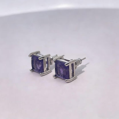 Warm Fortune Square Amethyst Color Gemstone Stud Earrings, Silver Tone Hypoallergenic Fashion Jewelry for Women, Classic Daily & Party Wear Accessory