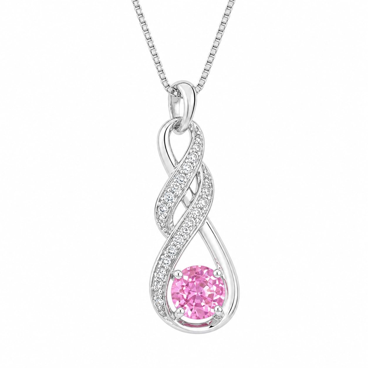 Warm Fortune Infinity Teardrop Pendant Necklace for Women, 18K White Gold Plated Brass, Pink or Clear CZ, 18 Inch Chain, CZ Color Options