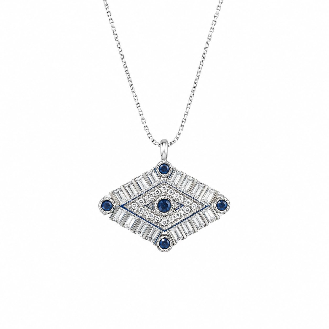 Warm Fortune Blue Evil Eye Diamond Pendant Necklace for Women, 18K White Gold Plated, 16 Inch Chain with Sparkling CZ, A Dazzling Statement for Glamorous Events