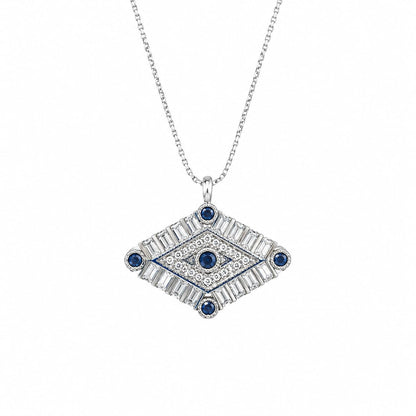 Warm Fortune Blue Evil Eye Diamond Pendant Necklace for Women, 18K White Gold Plated, 16 Inch Chain with Sparkling CZ, A Dazzling Statement for Glamorous Events