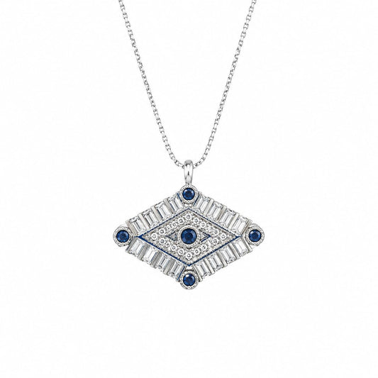 Warm Fortune Blue Evil Eye Diamond Pendant Necklace for Women, 18K White Gold Plated, 16 Inch Chain with Sparkling CZ, A Dazzling Statement for Glamorous Events