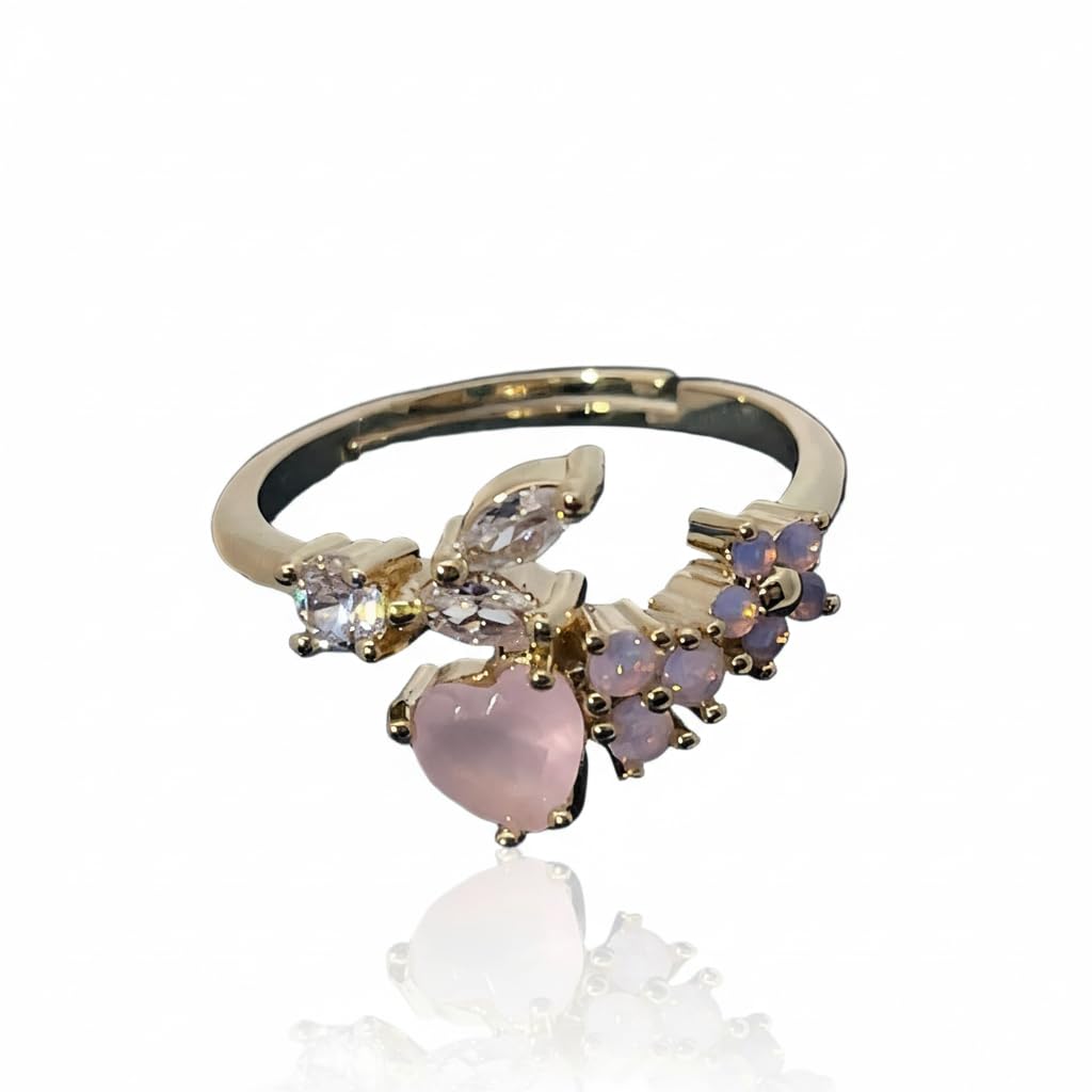 Warm Fortune  Heart Butterfly Cubic Zirconia Adjustable Open Ring for Women, 18K Gold Plated Stackable Promise Jewelry Gift