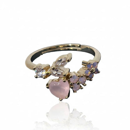 Warm Fortune  Heart Butterfly Cubic Zirconia Adjustable Open Ring for Women, 18K Gold Plated Stackable Promise Jewelry Gift