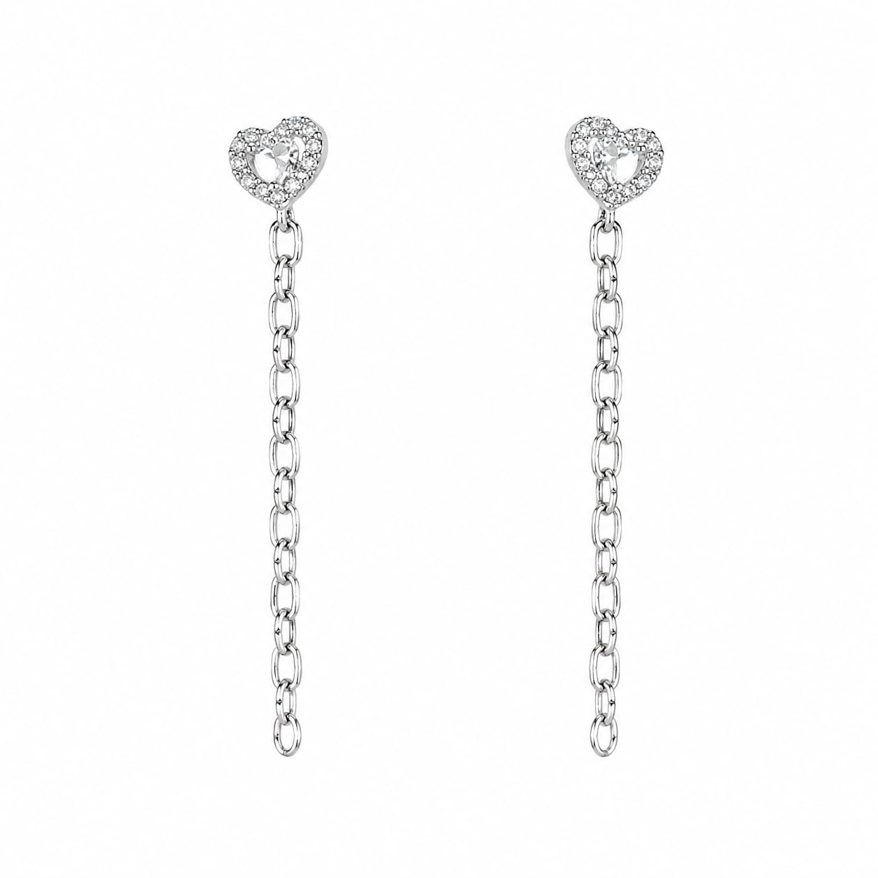 Warm Fortune 18K White Gold Plated Heart CZ Chain Dangle Earrings