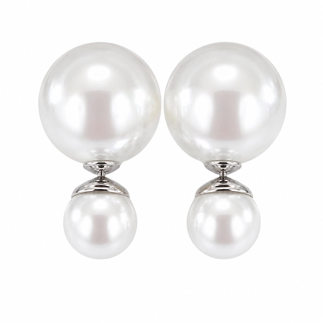 Warm Fortune Silver Plated Double Round Shell Pearl Dangle Earrings for Women Hypoallergenic - Valentine's Day, Mother's Day, Birthday Gift for Her