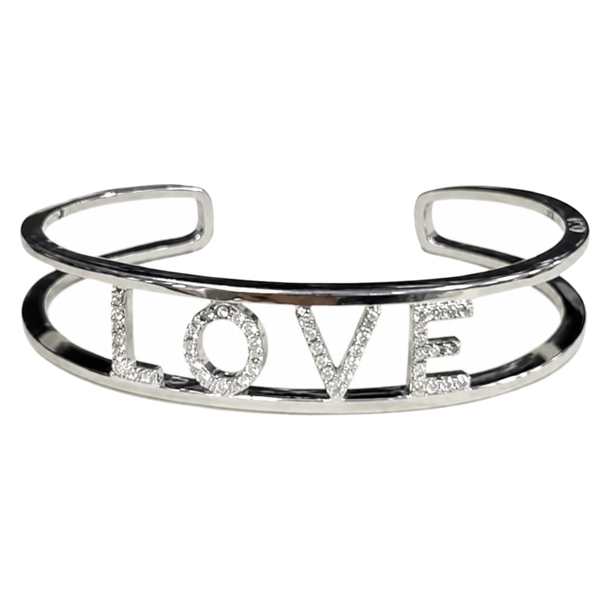 Warm Fortune Love Letter Open Cuff Bracelet for Women, Silver-Tone Double Band with Sparkling Moissanite Accents