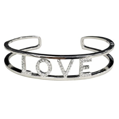 Warm Fortune Love Letter Open Cuff Bracelet for Women, Silver-Tone Double Band with Sparkling Moissanite Accents