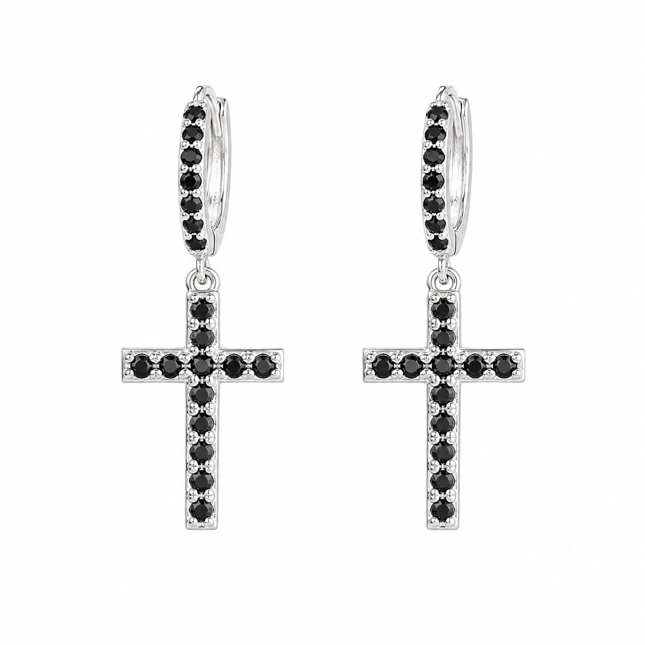 Warm Fortune 18K White Gold Plated Black CZ Cross Hoop Earrings