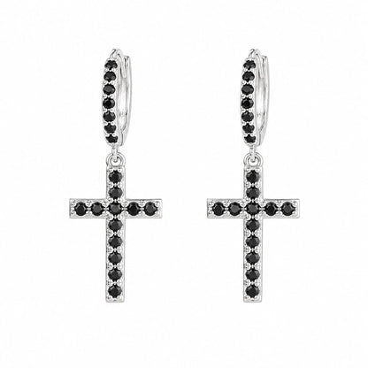 Warm Fortune 18K White Gold Plated Black CZ Cross Hoop Earrings