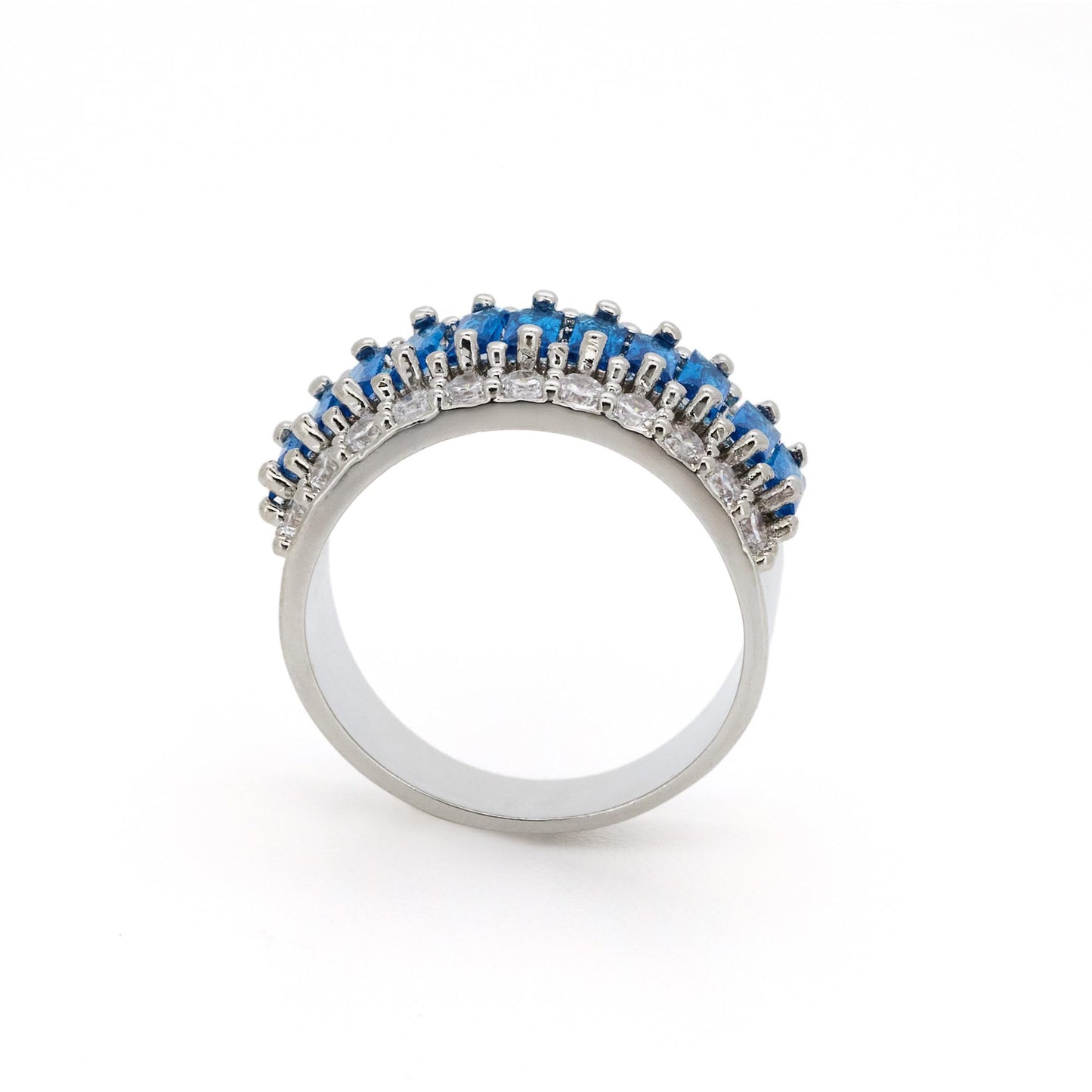 Warm Fortune Baguette Cut Blue CZ Eternity Ring for Women,18K Gold Plated Double Row Round Paved Stackable Promise Band Jewelry, Size 6-8