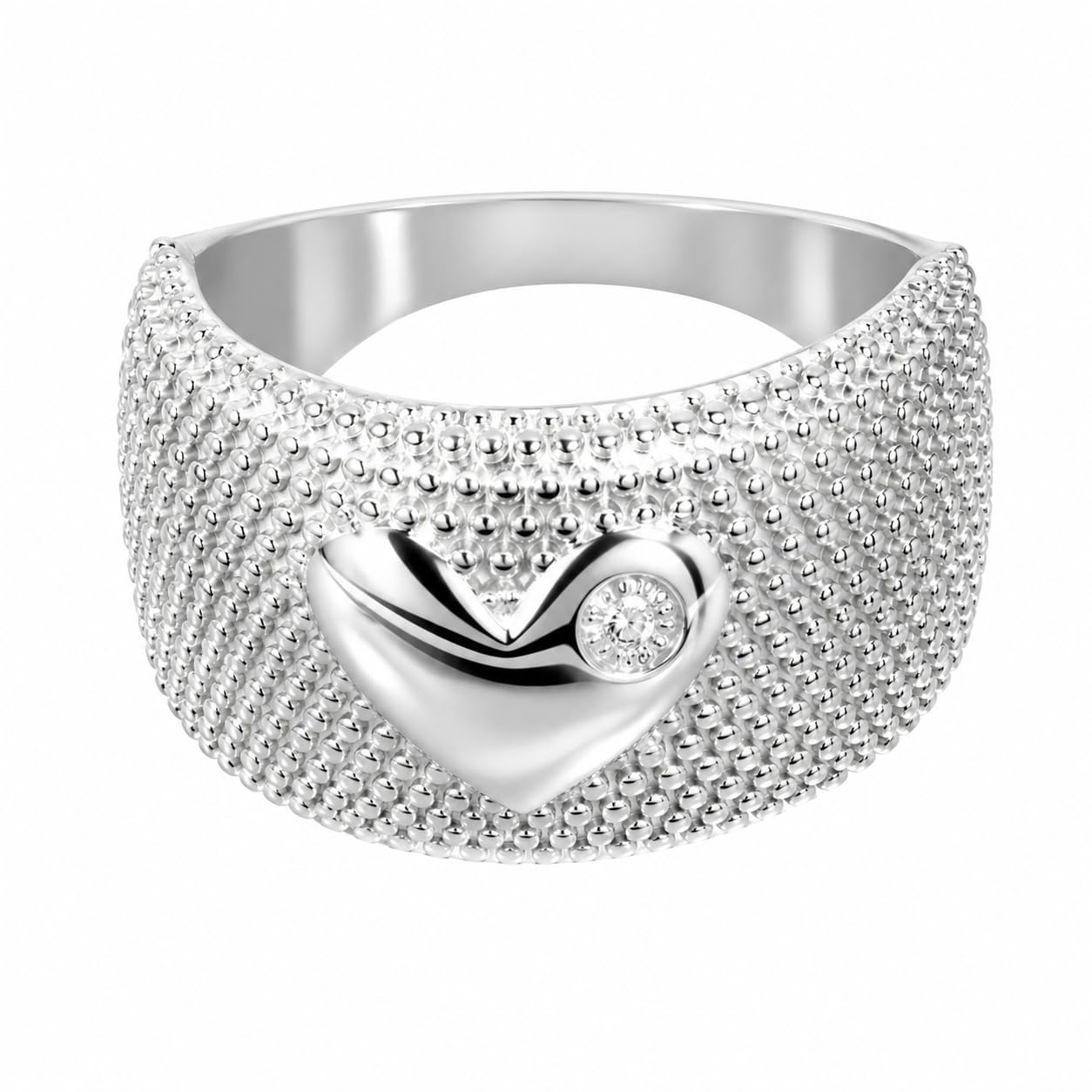 Warm Fortune Heart Center Full Paved Cubic Zirconia Wide Statement Ring for Women, 18K White Gold Plated Luxury Stackable Fashion Jewelry, Size 7-9