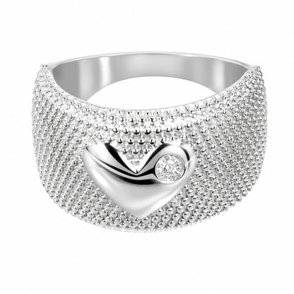 Warm Fortune Heart Center Full Paved Cubic Zirconia Wide Statement Ring for Women, 18K White Gold Plated Luxury Stackable Fashion Jewelry, Size 7-9