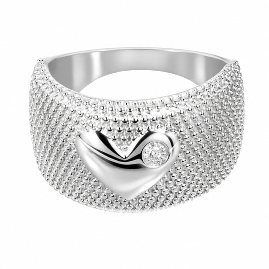 Warm Fortune Heart Center Full Paved Cubic Zirconia Wide Statement Ring for Women, 18K White Gold Plated Luxury Stackable Fashion Jewelry, Size 7-9