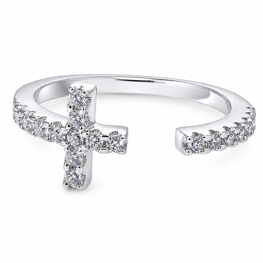 Warm Fortune Cross Statement Ring for Women, 18K White Gold Plated Clear CZ Open Adjustable Religious Style Fashion Ring