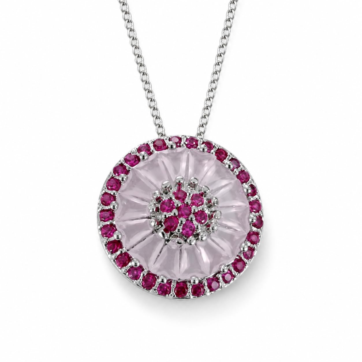 Warm Fortune 18K White Gold Plated Round Floral CZ Pendant Necklace