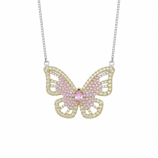Warm Fortune Butterfly Pendant Necklace for Women, 18K Gold Plated with Sparkling CZ