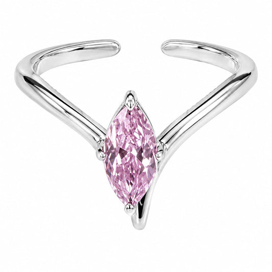 Warm Fortune 18K Gold Plated Marquise Pink Cubic Zirconia V-Shaped Open Promise Ring for Women, Dainty Adjustable Stackable Daily Jewelry Gift