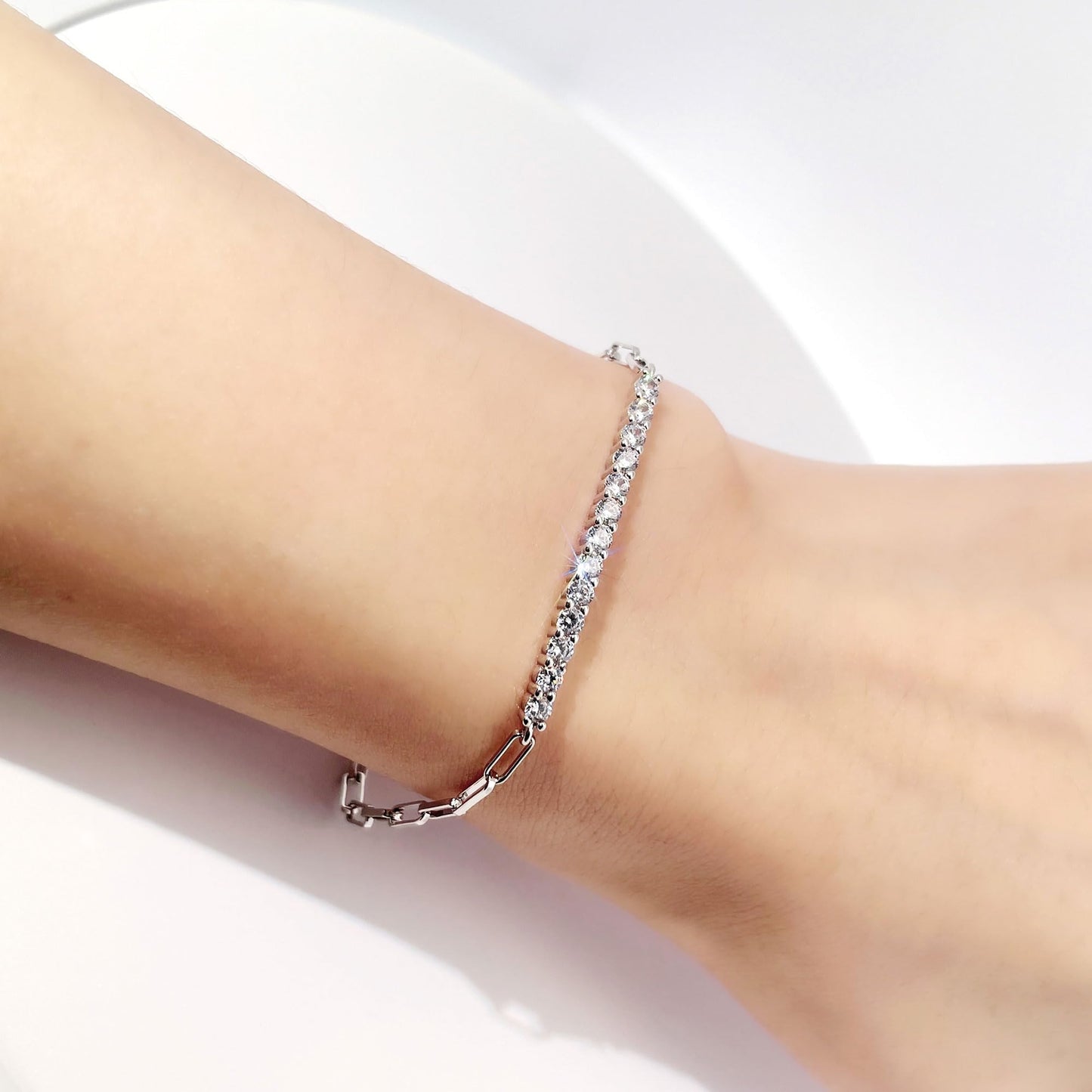 Warm Fortune Round Moissanite Tennis Bracelet for Women, Silver-Tone 6.5 Inch Adjustable Link Chain, Dainty Sparkling Jewelry