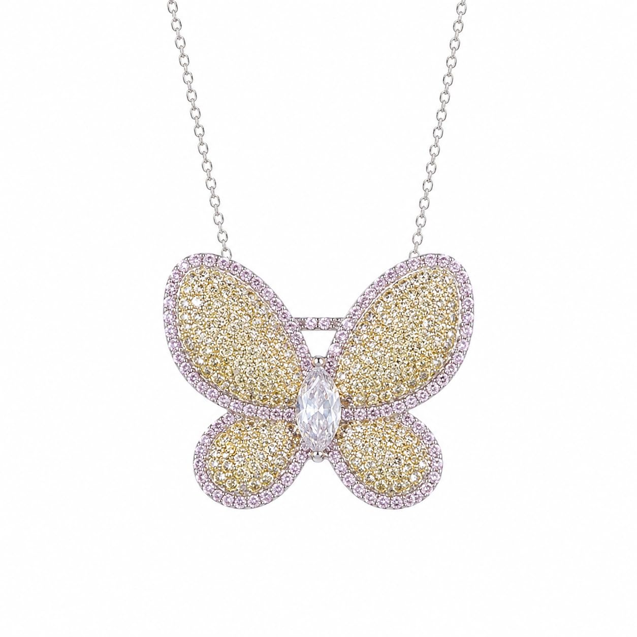 Warm Fortune Butterfly Pendant Necklace for Women, 18K White Gold Plated with Sparkling CZ