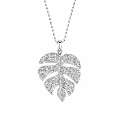Warm Fortune Monstera Leaf Pendant Necklace for Women, 18K White Gold Plated, 18 Inch Chain with Sparkling CZ, Elegant & Versatile Layering Jewelry
