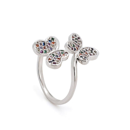 Warm Fortune Double Butterfly Multicolor Zircon Promise Ring for Her - 18K Gold Plated Cubic Zirconia, Stackable Gift Valentine's Day, Fashion & Daily Elegant Wear,Adjustable