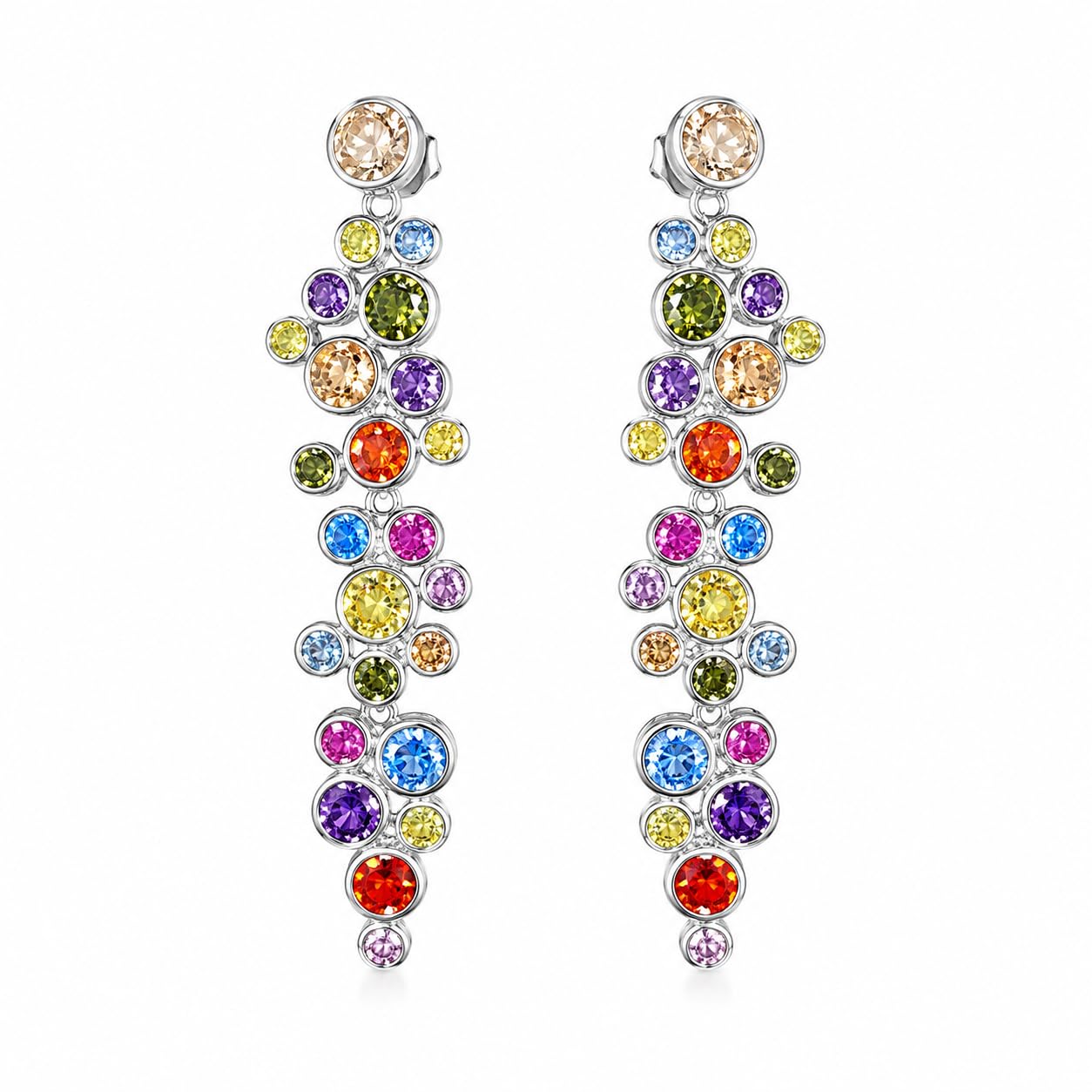 Warm Fortune 18K White Gold Plated Multicolor CZ Dangle Earrings