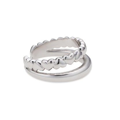 Warm Fortune Double Layer Plain & Heart Band Ring Set - 18K Gold Plated Cubic Zirconia Stackable Gift for Women, Daily Fashion Wear & Casual Accessory, Trendy Street Wear,Adjustable