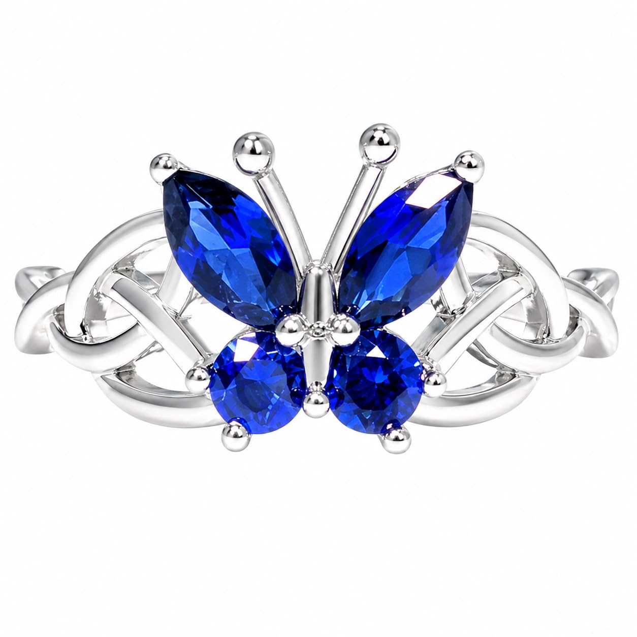 Warm Fortune Butterfly Ring for Women, 18K White Gold Plated Marquise & Round Blue Cubic Zirconia Interwoven Band, Dainty Statement Promise Jewelry, Size 6-8