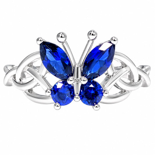 Warm Fortune Butterfly Ring for Women, 18K White Gold Plated Marquise & Round Blue Cubic Zirconia Interwoven Band, Dainty Statement Promise Jewelry, Size 6-8