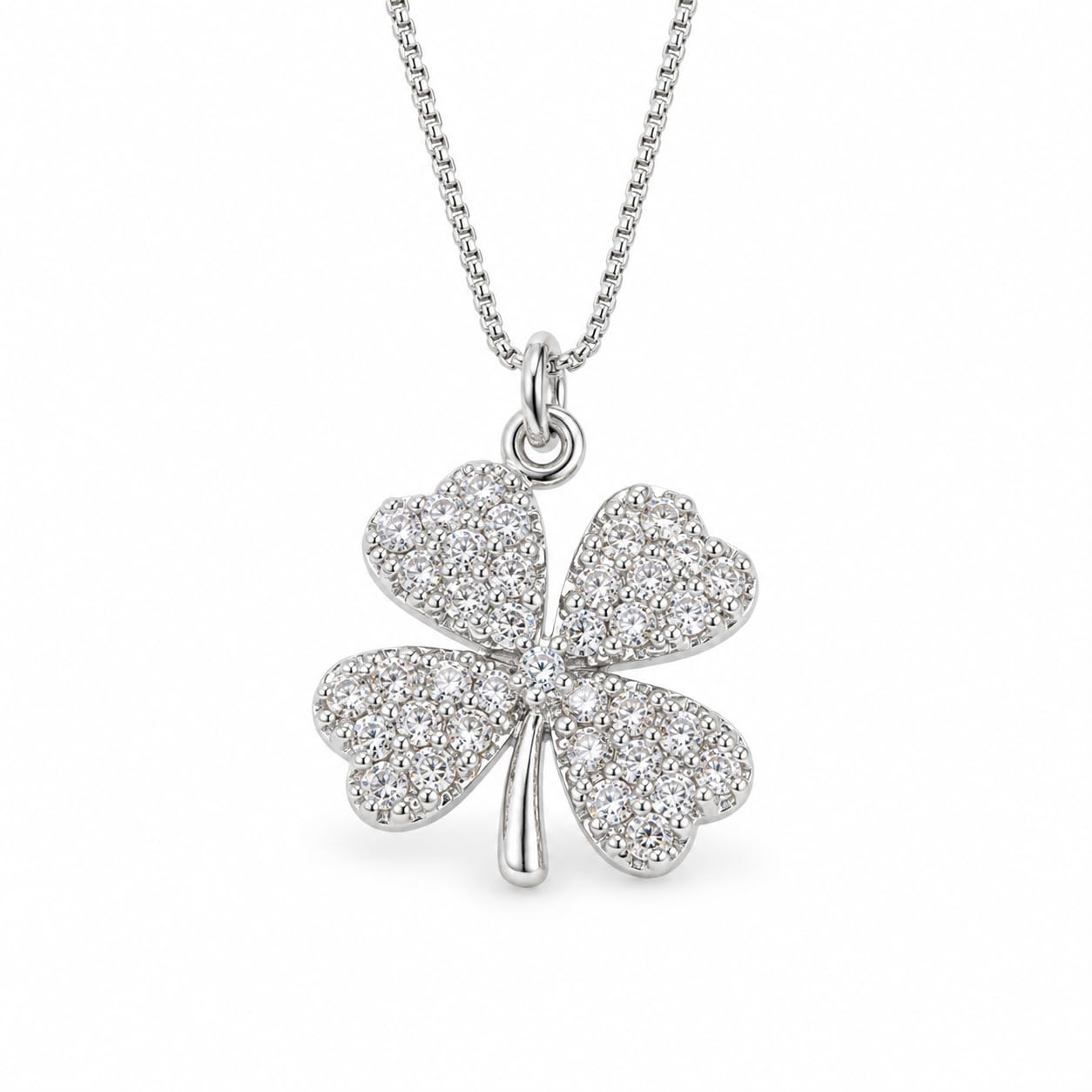 Warm Fortune 18K White Gold Plated CZ Four Leaf Clover Pendant Necklace