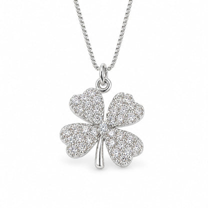 Warm Fortune 18K White Gold Plated CZ Four Leaf Clover Pendant Necklace