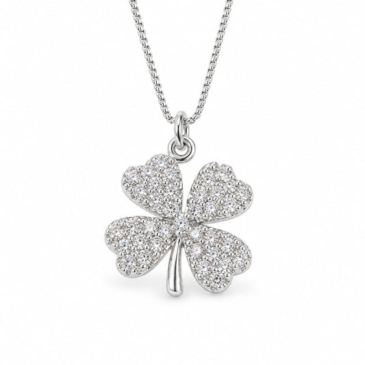 Warm Fortune 18K White Gold Plated CZ Four Leaf Clover Pendant Necklace