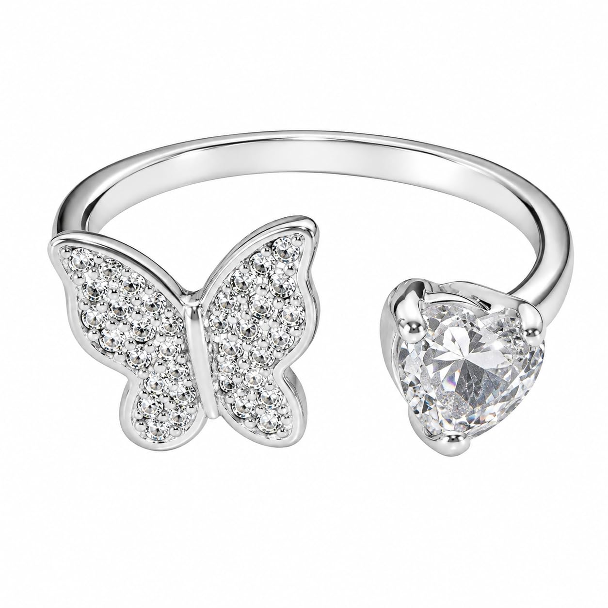 Warm Fortune 18K Gold Plated Butterfly & Heart Cubic Zirconia Open Promise Ring for Women, Dainty Adjustable Stackable Romantic Daily Jewelry Gift