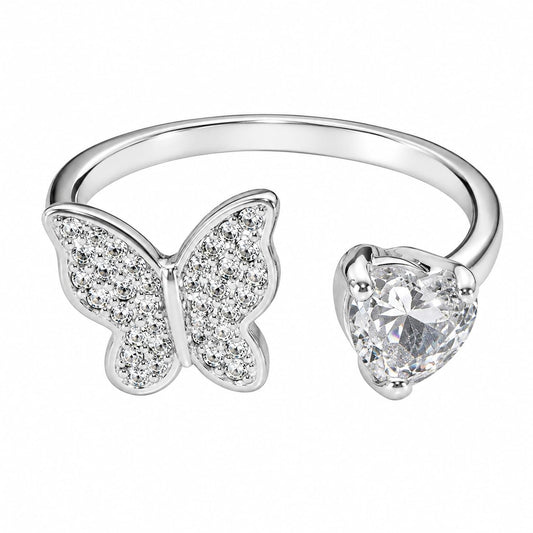 Warm Fortune 18K Gold Plated Butterfly & Heart Cubic Zirconia Open Promise Ring for Women, Dainty Adjustable Stackable Romantic Daily Jewelry Gift