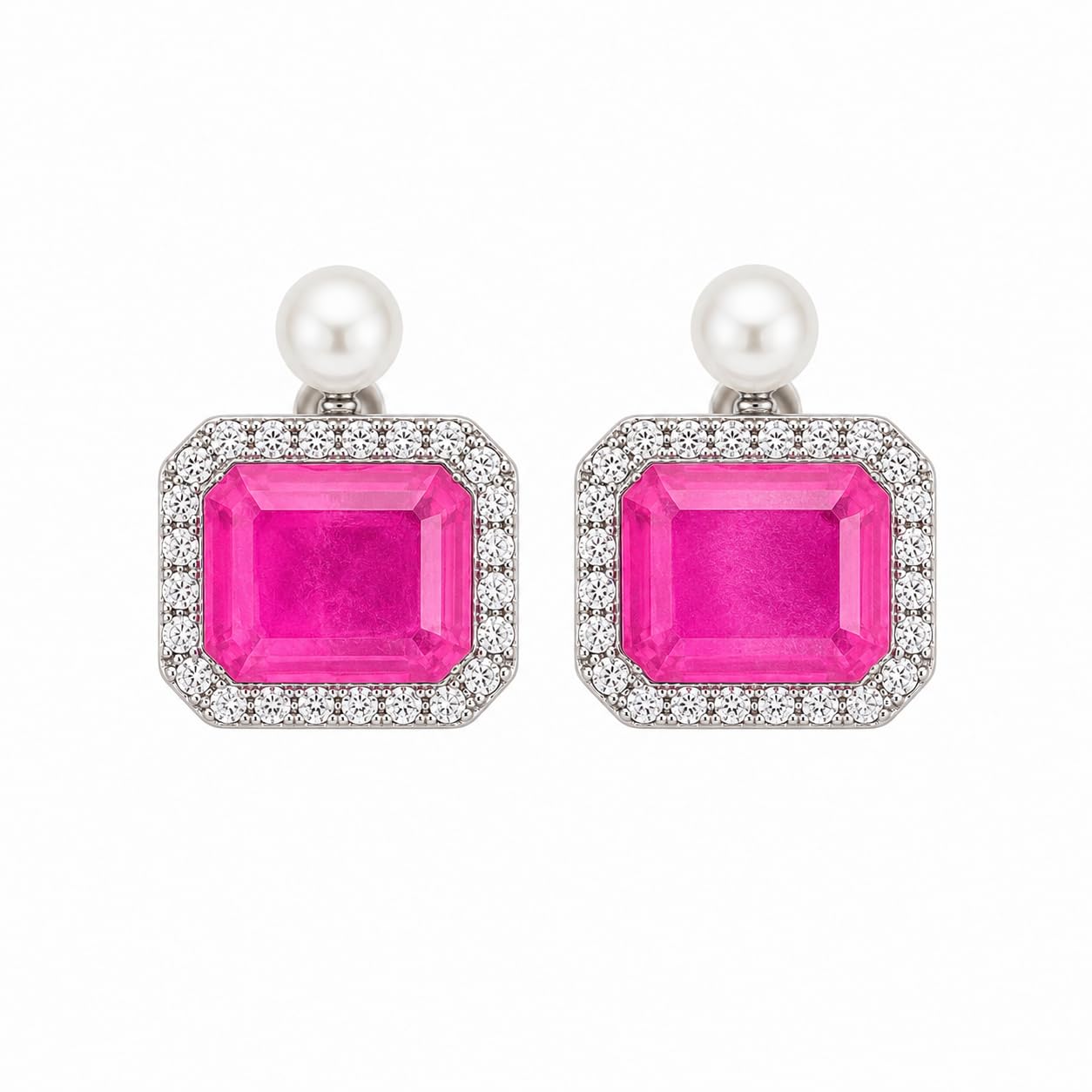 Warm Fortune 18K White Gold Plated Emerald CZ Pearl-Like Stud Earrings