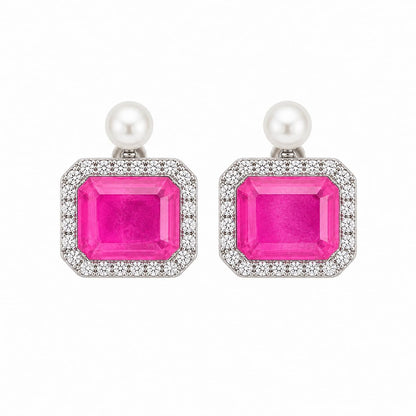 Warm Fortune 18K White Gold Plated Emerald CZ Pearl-Like Stud Earrings