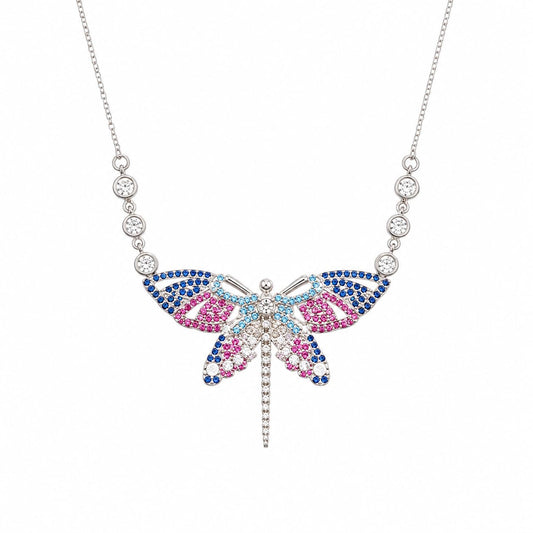 Warm Fortune Colorful Dragonfly Pendant Necklace for Women, 18K White Gold Plated, 18 Inch Chain with Sparkling CZ, Colorful & Elegant Statement Jewelry for Women