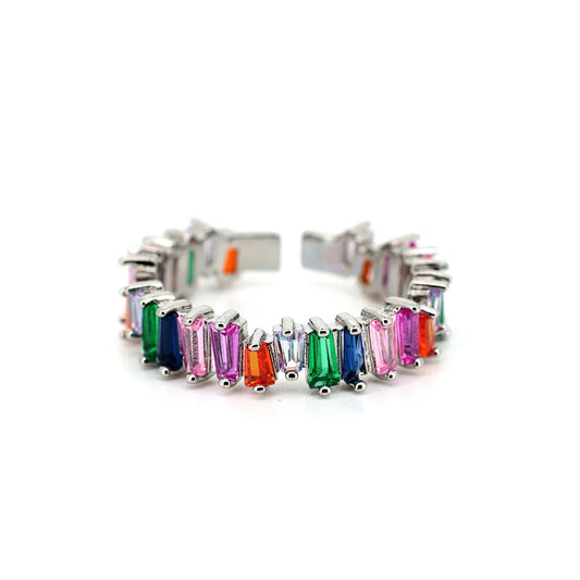 Warm Fortune Multi Color Baguette Cut CZ Open Ring for Women,18K Gold Plated Adjustable Stackable Casual Jewelry