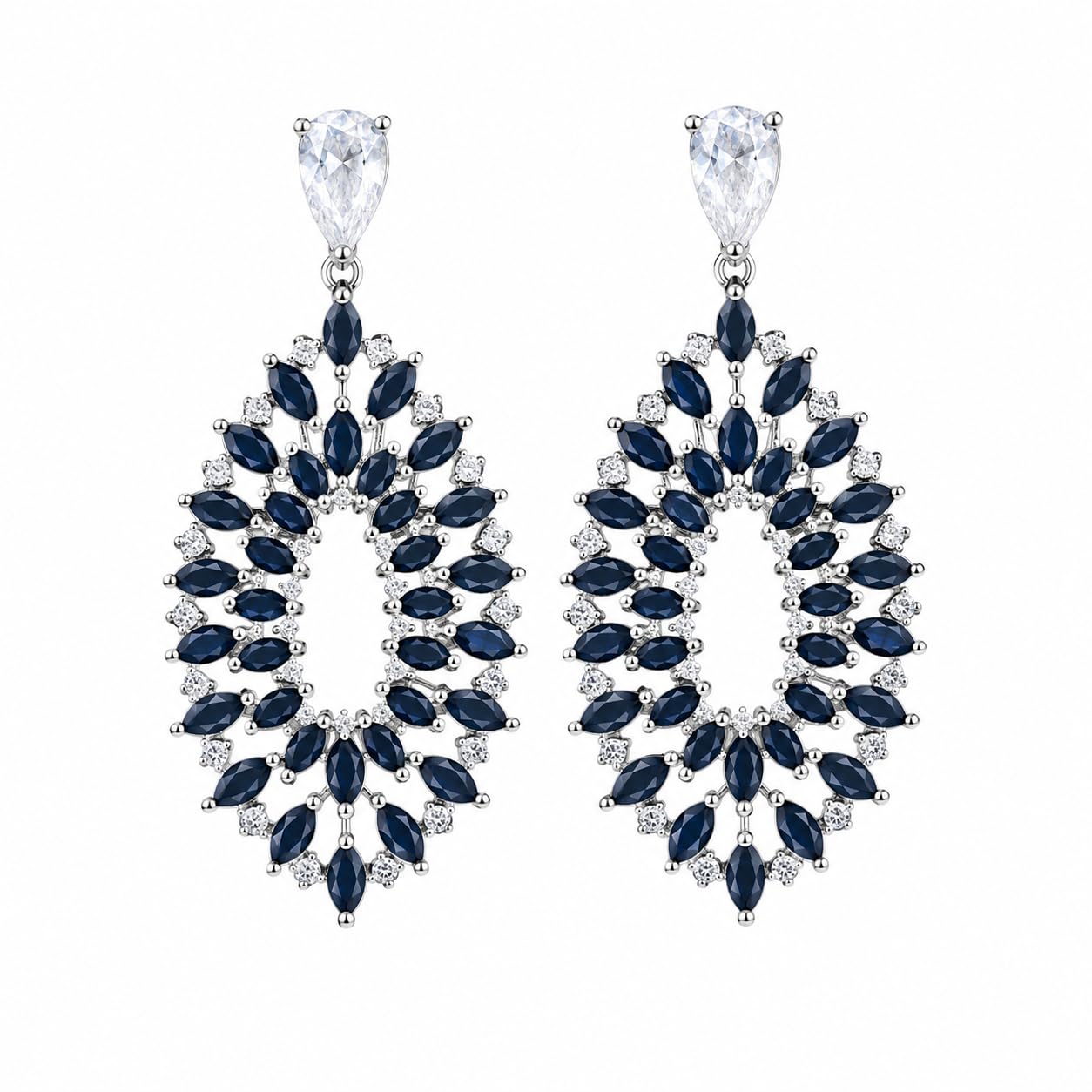 Warm Fortune 18K White Gold Plated Blue CZ Teardrop Dangle Earrings