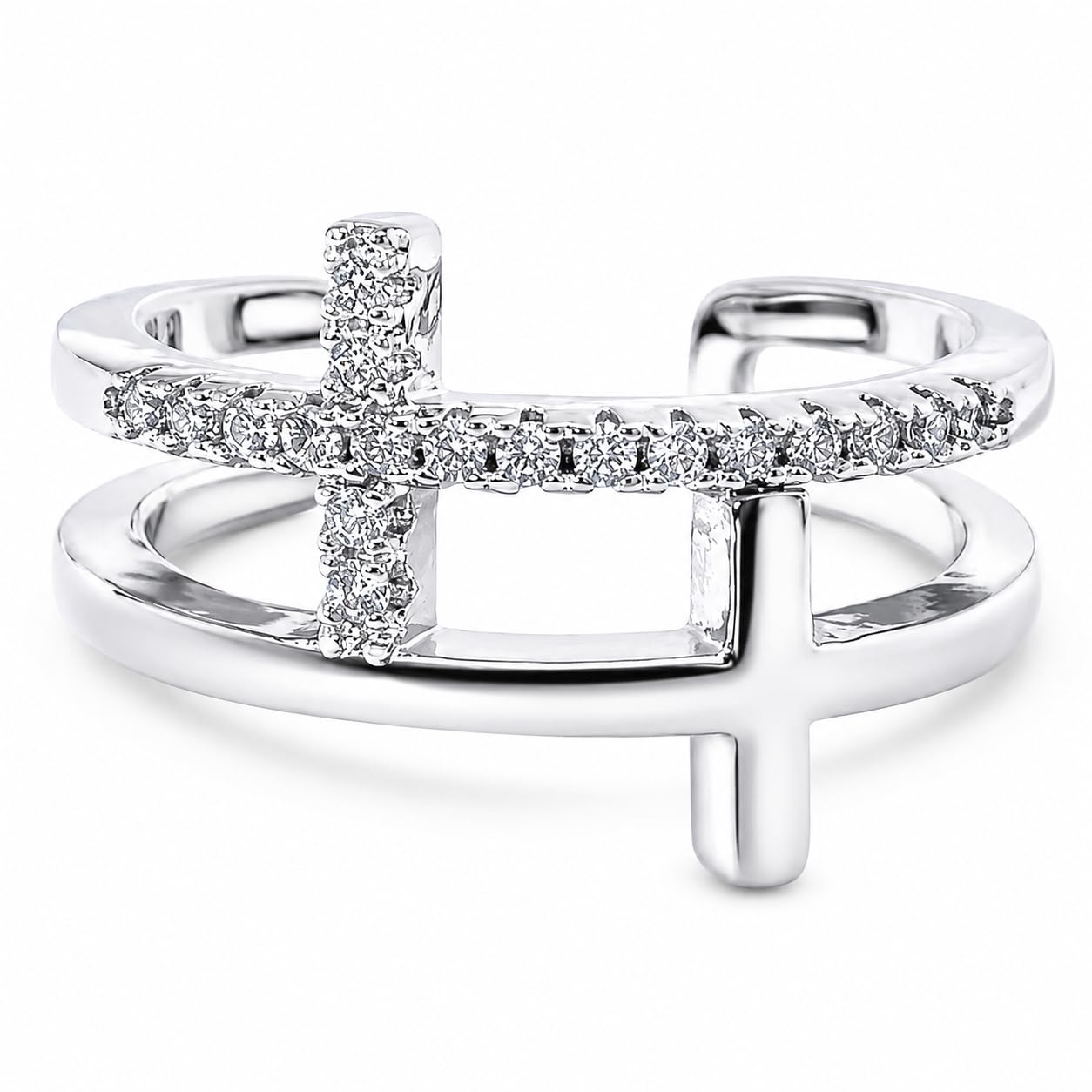 Warm Fortune 18K Gold Plated Double Layer Cross Open Statement Ring, Micro Pave Round Cubic Zirconia Split Band Fashion Ring for Women