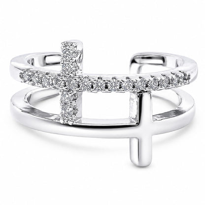 Warm Fortune 18K Gold Plated Double Layer Cross Open Statement Ring, Micro Pave Round Cubic Zirconia Split Band Fashion Ring for Women
