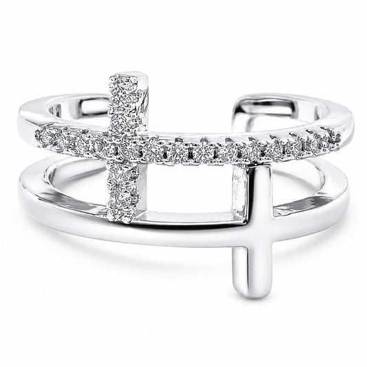 Warm Fortune 18K Gold Plated Double Layer Cross Open Statement Ring, Micro Pave Round Cubic Zirconia Split Band Fashion Ring for Women